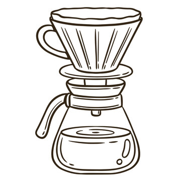 Hand drawn line art of a pour over coffee maker and glass carafe