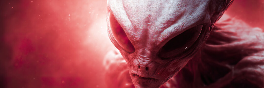 Red glow illuminates alien face. Eyes narrow, mouth slightly parted. Skin textured, rough, with glowing veins. Mysterious, powerful, and intensely focused. Perfect for sci-fi, horror