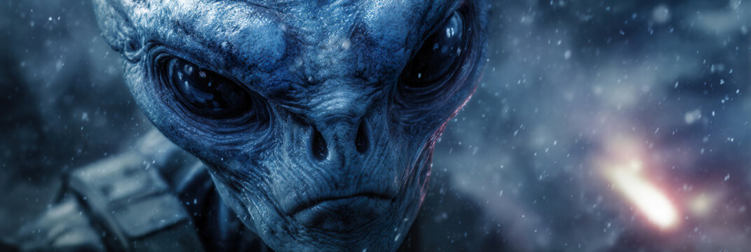 Dark alien stares with deep, haunting eyes. Cold, metallic skin glows under cosmic light. Distant starburst illuminates stormy space behind. Serious expression suggests wisdom or threat