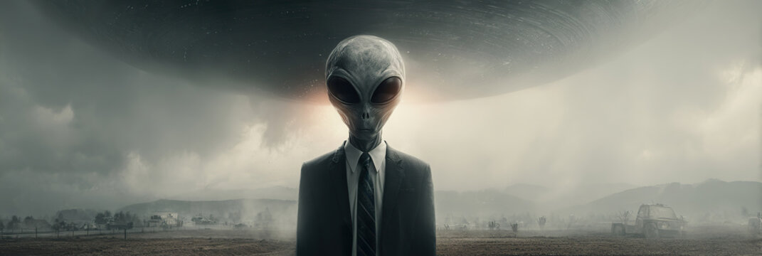 Alien stands tall in misty, desolate landscape. Dark suit frames its featureless, large-eyed head. Sky looms heavy with distant celestial glow. Mist swallows distant hills, blending earth and sky
