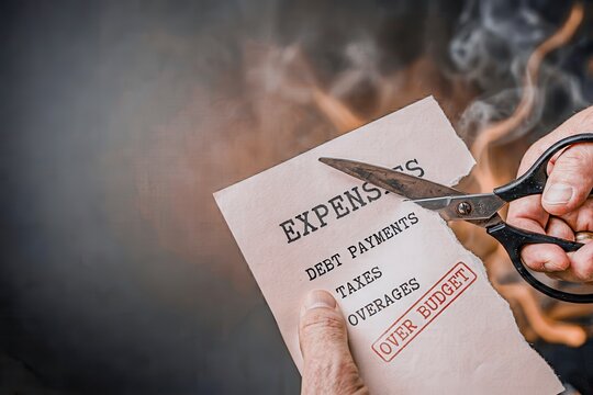 Cutting Expenses with Scissors to Manage Over Budget Financial Statement with Smoke in the Background