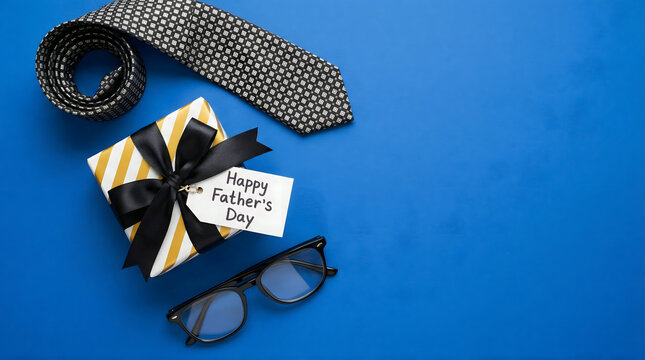 Father's Day Gift Box, Tie, and Glasses on Blue Background - Top View