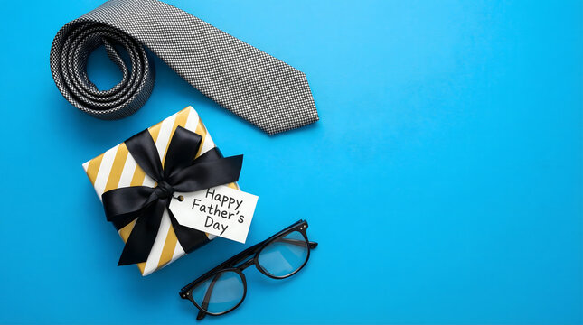 Father's Day Gift Box, Tie, and Glasses on Blue Background Overhead View