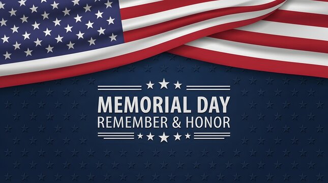 Panoramic design with the American flag flowing across the top border over a dark, textured surface.