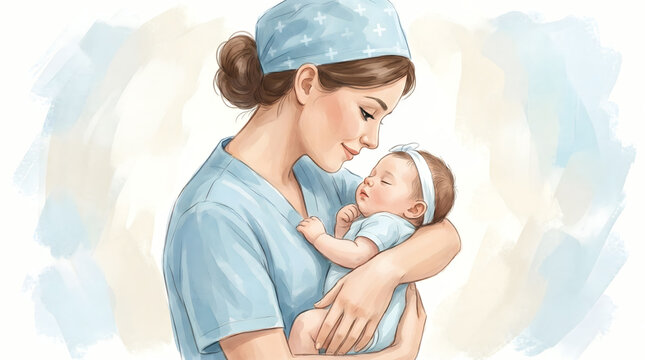 Nurse tenderly holding newborn baby, healthcare, love and care illustration