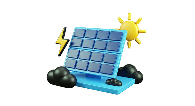 3D Solar Panel Icon with Sun, Lightning, and Clouds