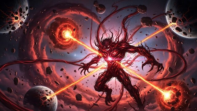 Cosmic Carnage - A Red Symbiote Unleashes Energy in Space.