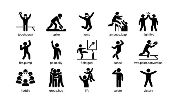 Football celebration icons set with touchdown, spike, jump, and lambeau leap actions