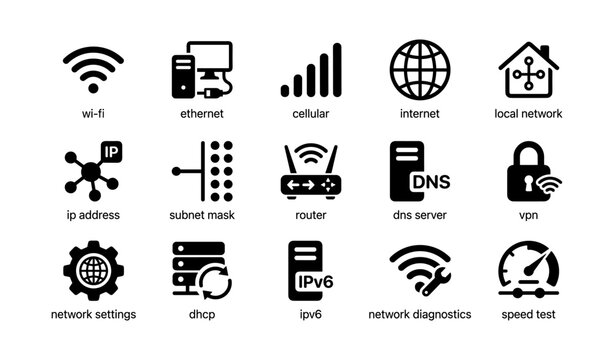Network technology icons: wi-fi, ethernet, cellular, internet, local network