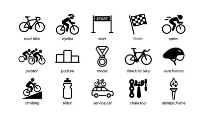 Fototapeta premium Cycling icons collection: road bike, cyclist, race elements and gear symbols