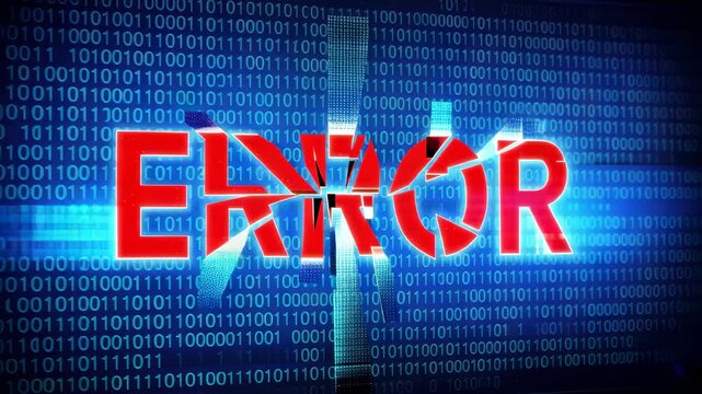 This captures a dramatic error screen with a vibrant red error message on a blue background with binary code, highlighting technical difficulties and digital chaos. The futuristic and abstract