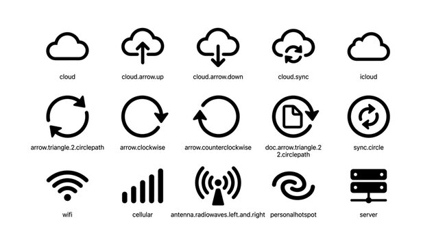 Cloud and sync icons set with arrow, circular paths, and connectivity symbols