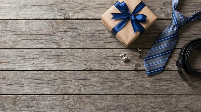 Father's Day Gift Box, Tie, Cufflinks, and Belt on Rustic Wood Background