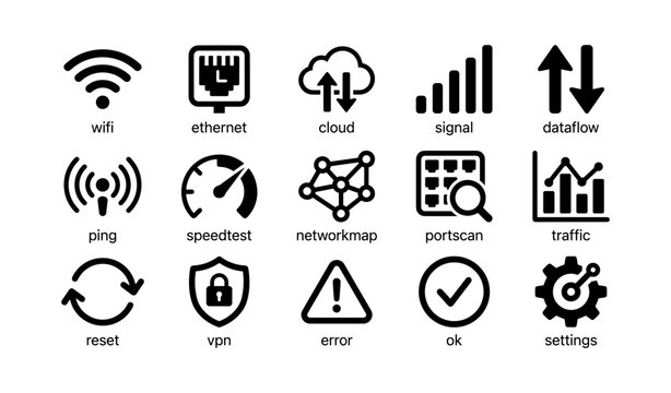 Network icons set: wifi, ethernet, cloud, signal, dataflow, ping, speedtest, networkmap, portscan, traffic, reset, vpn, error, ok, settings