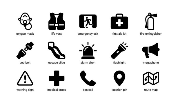 Emergency icons set: safety equipment and signs collection