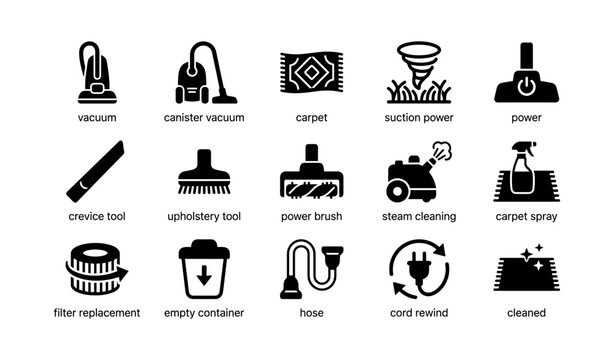 Vacuum cleaner icons: tools, power features, cleaning accessories guide
