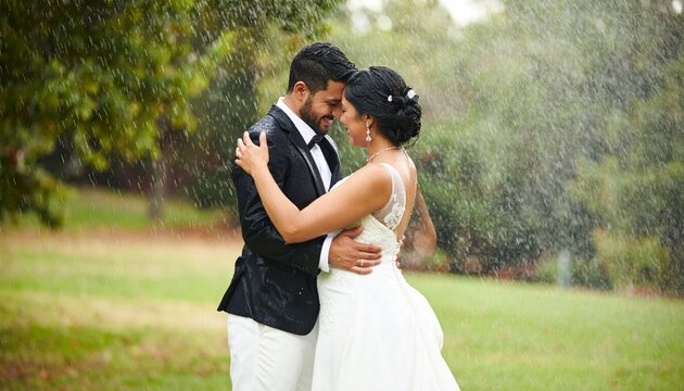 Couple embracing in rain during wedding