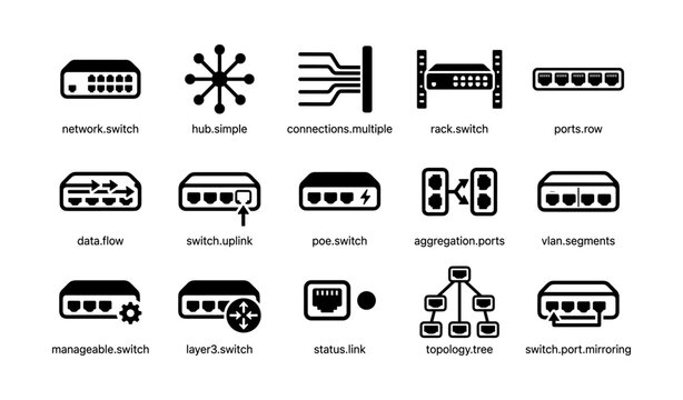 Network equipment icons: switch, hub, rack, and connectivity symbols