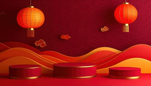 Escena de podio rojo para el A&ntilde;o Nuevo Chino con linternas colgantes y nubes doradas sobre un fondo de papel cortado en capas onduladas.