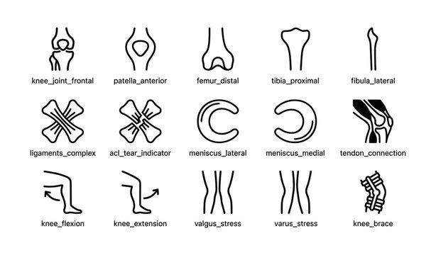Medical knee diagrams: ligaments, flexion, meniscus, brace, extension
