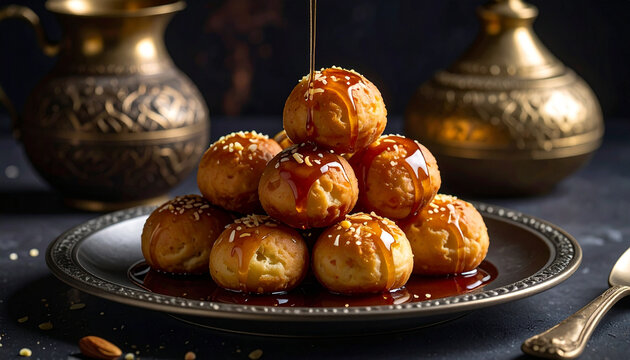 Golden doughnuts with syrup pour