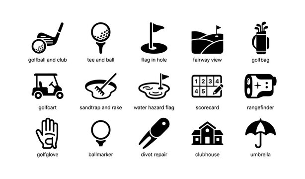 Golf icons set featuring clubs, balls, carts, and course elements for enthusiasts