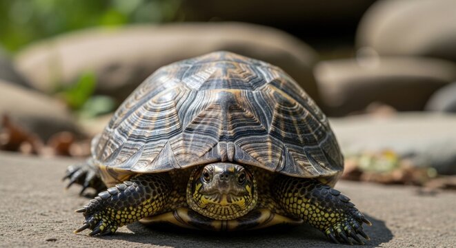 Close-up of a small turtle with intricate shell patterns basking in sunlight.