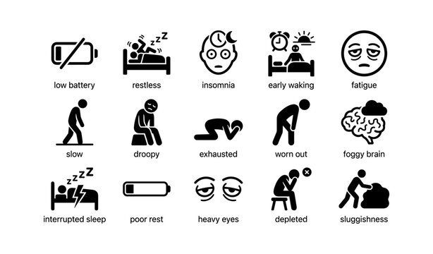 Symbols of fatigue and sleep deprivation: battery, brain, and rest icons