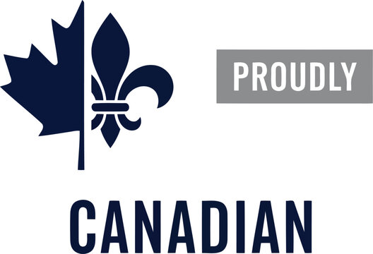 Proudly Canadian typography design with maple leaf and fleur de lis icon for national branding