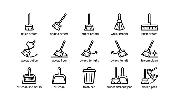 Broom and cleaning tool icons: basic, angled, upright, whisk, push, sweep, dustpan