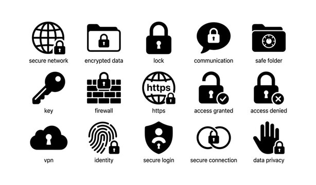 Secure icons: network, data, lock, communication, privacy symbols