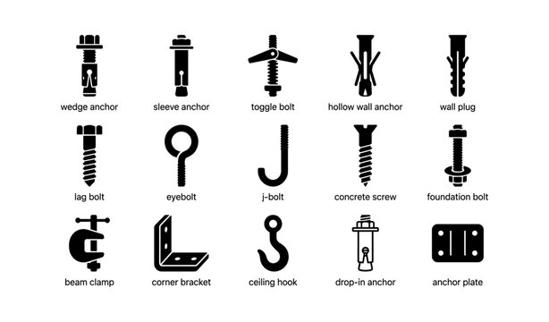 Various types of anchors and fasteners for construction projects