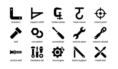 Fototapeta premium Hardware icons set: bracket, clamp, hook, bolt, screwdriver, wrench, gear