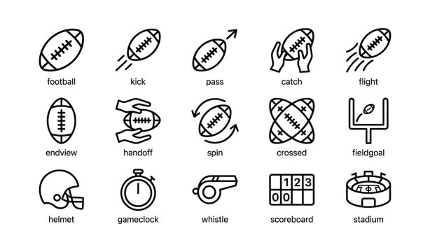 American football icon set featuring helmets, balls, and game elements
