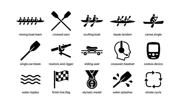 Rowing icons set featuring oars, boats, medals, and water elements