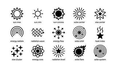 Set of 16 solar and energy icons: sun, star, orbit, radiation, and energy symbols