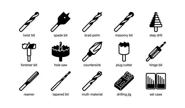 Variety of drill bits: twist, masonry, spade, step, hole saw, and more