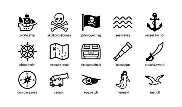 Pirate icons collection featuring ships, treasure, and nautical symbols