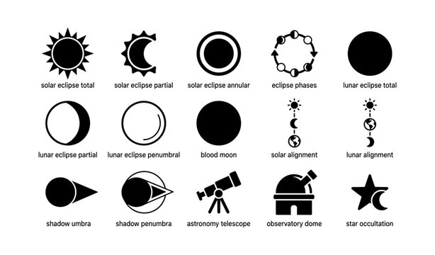 Solar and lunar eclipse icons with astronomy symbols in black and white