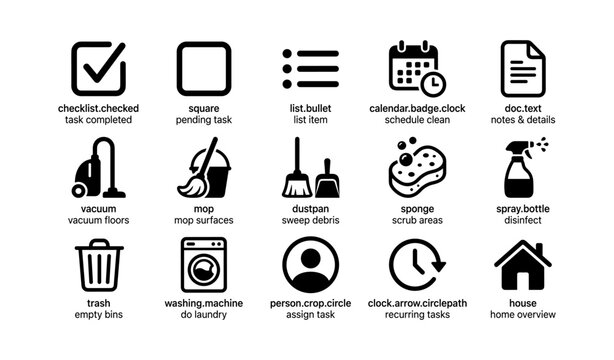 Collection of black and white household chore icons with labels