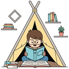 Cute cartoon boy wearing glasses reading book in a teepee tent enjoying story time with books around him. © VectorVista