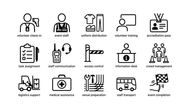 Event management icons set: staff, training, logistics, accreditation, security