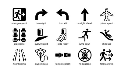 Naklejka premium Pictograms of emergency exits and airplane safety symbols