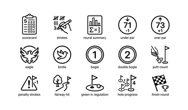 Golf symbols for scorecard, strokes, and round summary representation