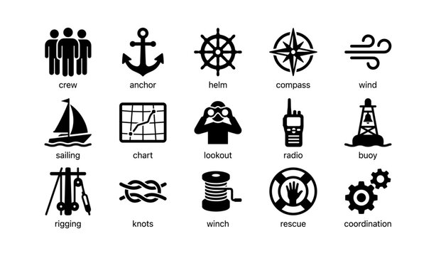 Nautical symbols: crew, anchor, helm, compass, wind, sailing, navigation icons