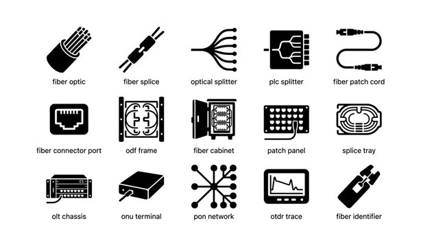 Fiber optic components and network equipment icons