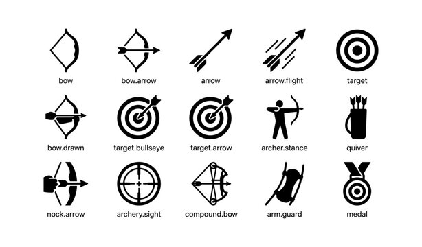 Set of archery icons featuring bows, targets, arrows, and accessories