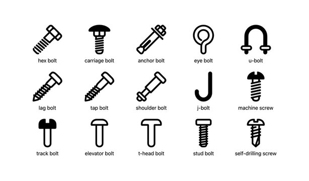 Variety of bolt and screw types illustrated in icons