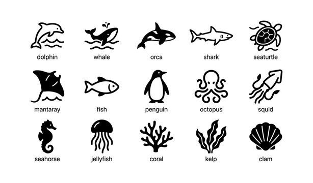 Marine animal icons: dolphin, whale, orca, shark, sea turtle, manta ray, fish, penguin, octopus, squid