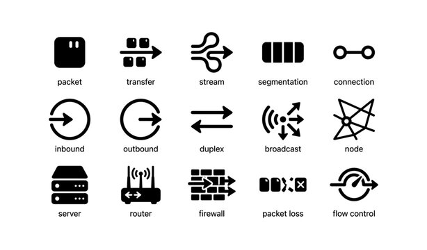 Network icons: packet, transfer, stream, segmentation, and connection symbols